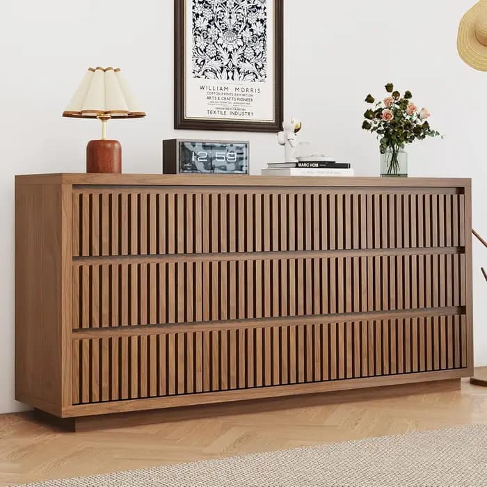 Commode à 9 tiroirs à nervures, grande commode de style mid-century pour chambre à coucher, 58 pouce