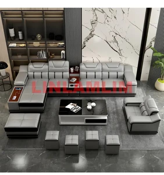 Canapé d'angle en cuir véritable, meuble de salon