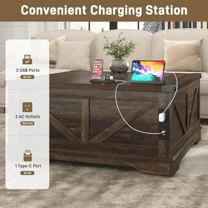 Meilleure vente : Table basse relevable de style farmhouse de 40 pouces avec prises électriques et g