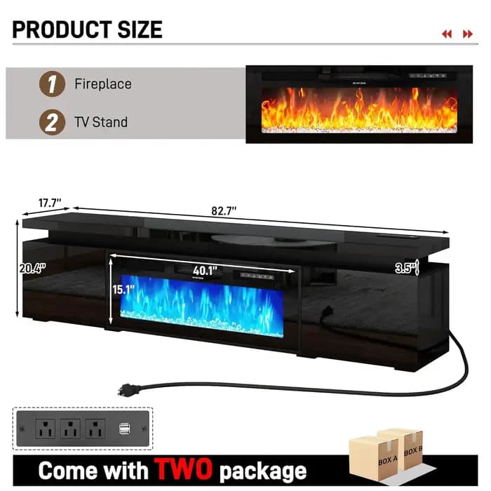 Meuble TV LED 83 pouces avec foyer électrique et prise de courant, surface haute brillance, 2 armoir