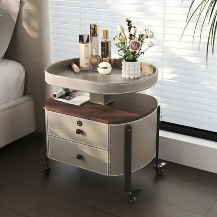 Table de chevet amovible élégante, beige et gris, avec rangement, style minimaliste, pour chambre à