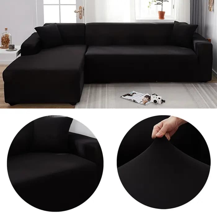 Housse de canapé d'angle élastique de couleur unie noire pour salon 2 3 4 places Chaise Longue