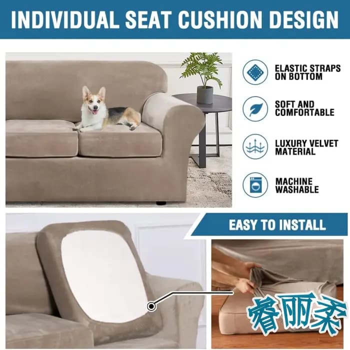 Housses antidérapantes de canapé extensibles en velours peluche 1/2/3 places avec coussin séparé