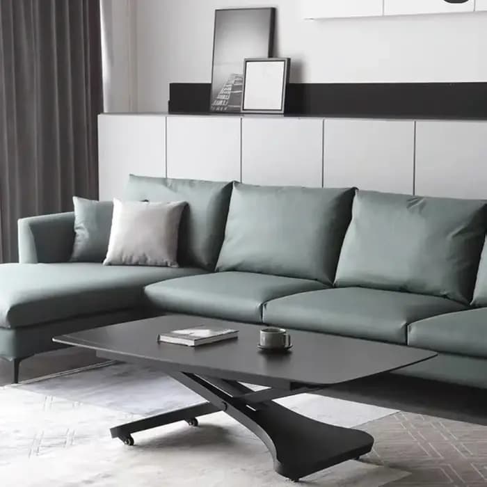 Table basse relevable et table à manger à double usage, multifonctionnelle, pour petit appartement, avec plateau en pierre intégré.