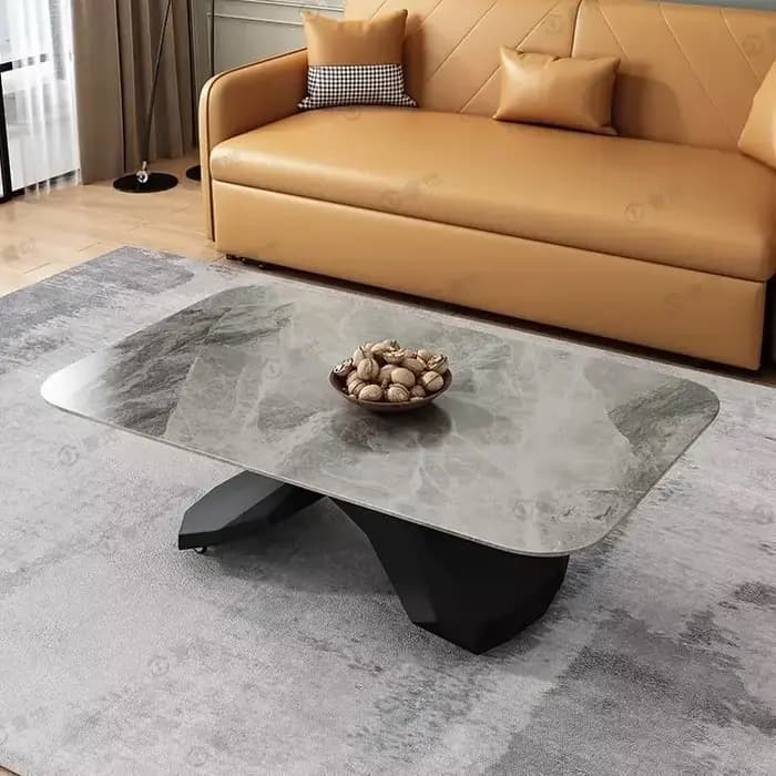 Table basse relevable et table à manger à double usage, multifonctionnelle, pour petit appartement, avec plateau en pierre intégré.