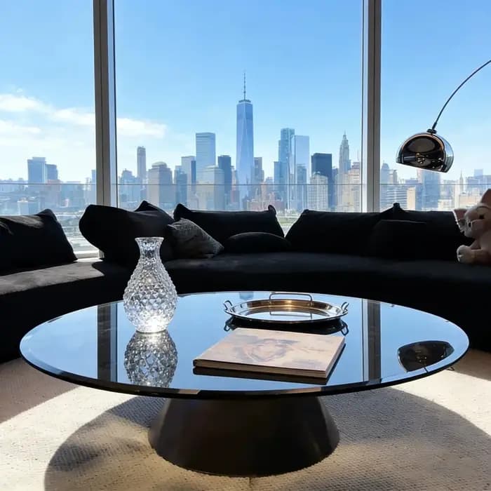 Table basse ronde transparente en acier inoxydable noir