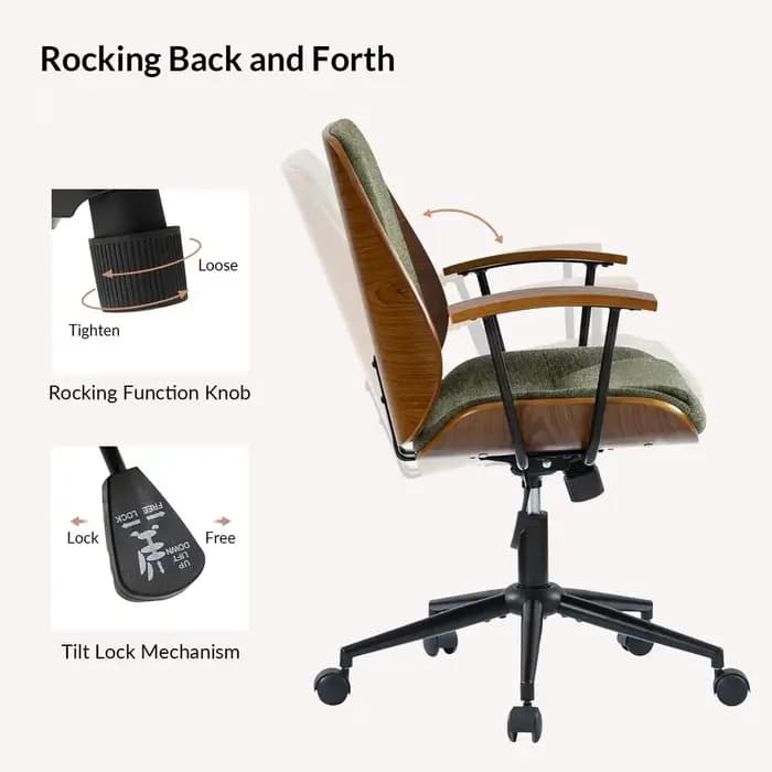 Chaise de bureau ergonomique pivotante avec revêtement en polyester et structure en bois courbé, hau