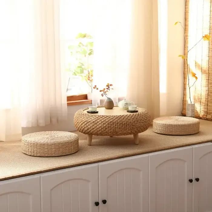 Table basse japonaise ronde en rotin tissé à la main avec rangement pour salon, table à thé