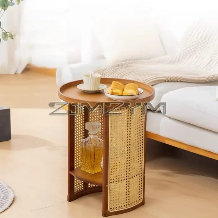 Table d'appoint en rotin, rangement de canapé, bureau d'angle, petite Table basse ronde, bord Double