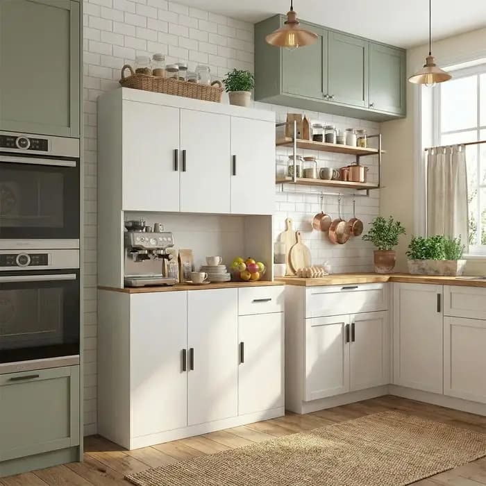 Armoire de cuisine blanche de 71 pouces avec prise de courant, organisateur de rangement de cuisine