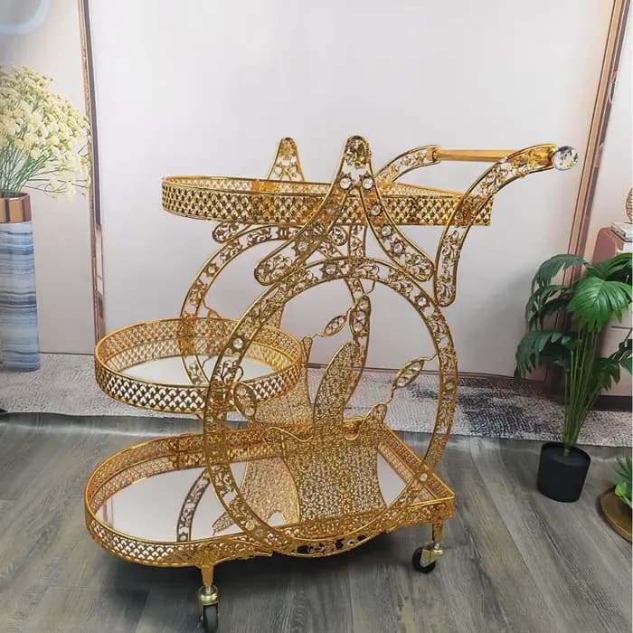 Chariot de restauration haut de gamme en métal et verre, style rétro, pour livraison de plats, desse