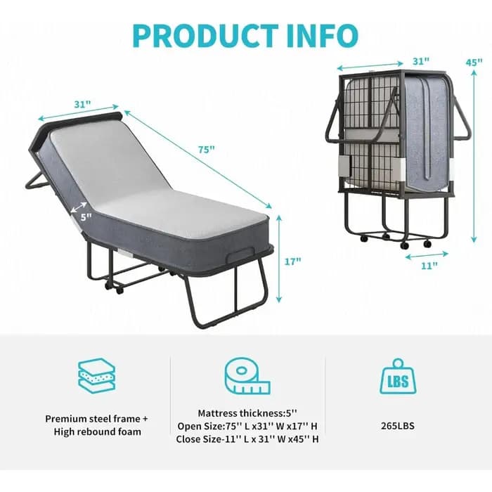 Lit pliant avec matelas, lit pliant 75 x 31 pour adultes, matelas en mousse de 5 pouces d'épaisseur,