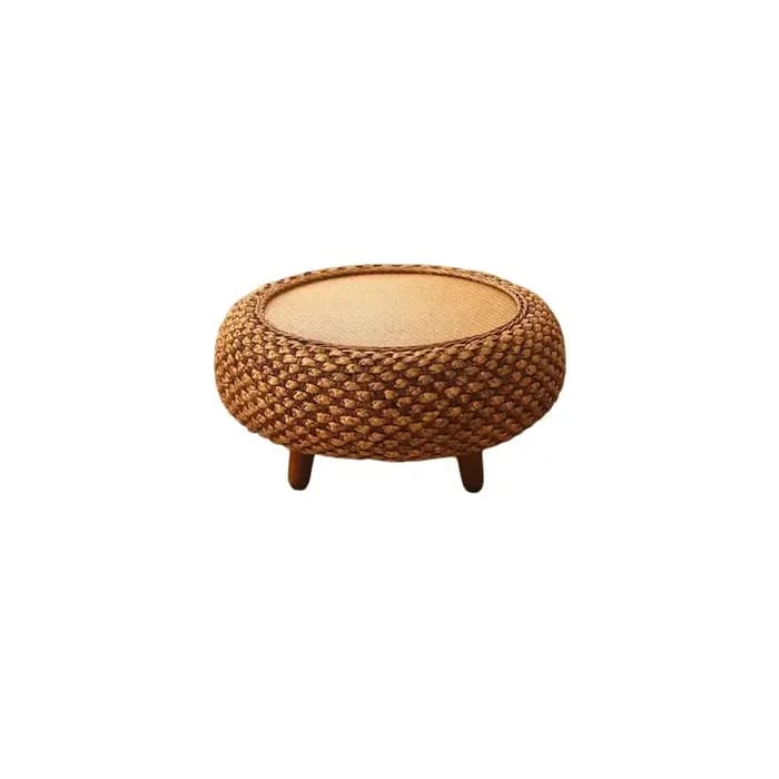 Table basse japonaise ronde en rotin tissé à la main avec rangement pour salon, table à thé