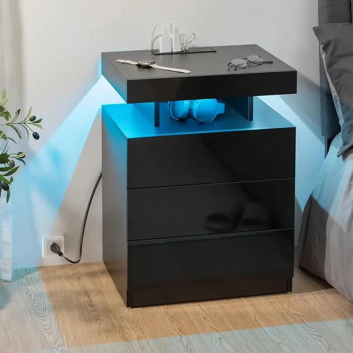 Table de chevet LED avec station de charge sans fil et ports USB, table de chevet moderne, table de