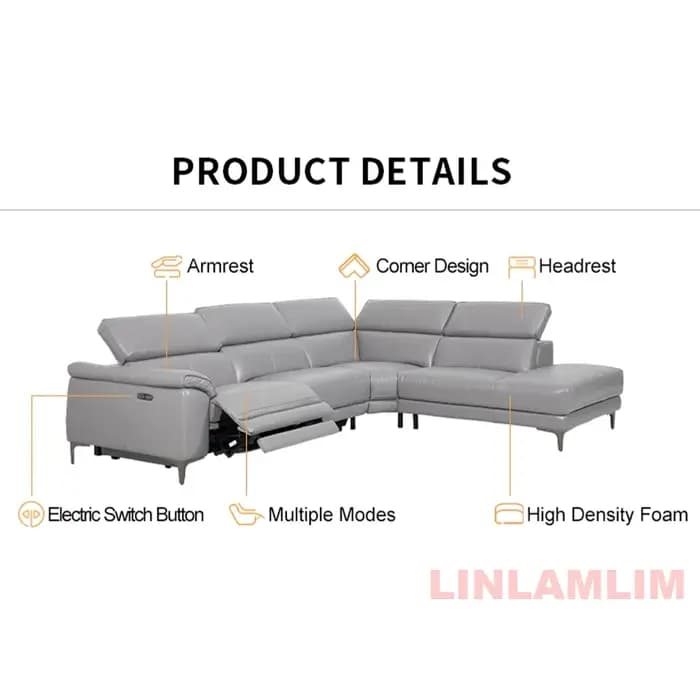 Linlamlim Canapé sectionnel inclinable électrique moderne en forme de L – Ensemble de canapés de salon en cuir véritable avec appui-tête réglables