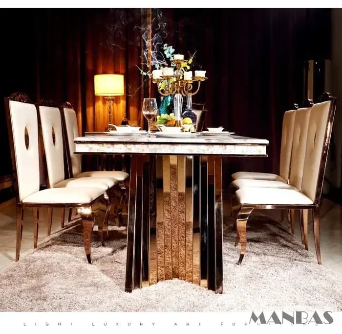 Linlimlam – ensemble de salle à manger de luxe: 6 chaises en cuir véritable en acier inoxydable et Table rectangulaire