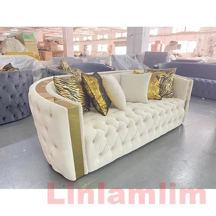 Ensemble de canapés capitonnés en cuir véritable de luxe – Canapé Chesterfield avec dossier incurvé et boutons