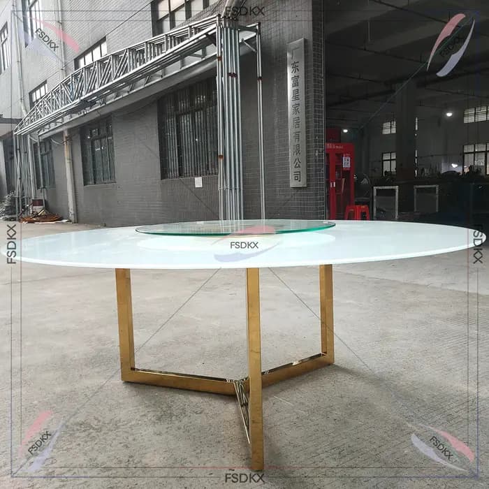 Table à manger ronde avec pieds en acier inoxydable, verre miroir, table à manger de mariage, fête à