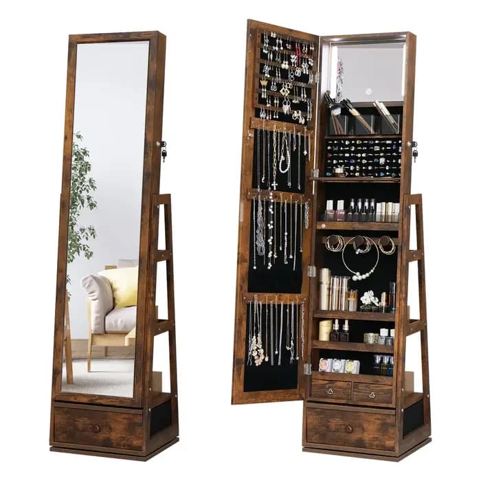 Armoire à bijoux avec miroir pleine longueur pivotant à 360° - Armoire sur pied avec miroir intégré