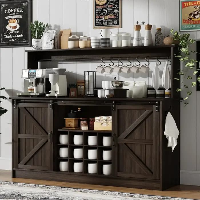 Meuble de bar à café style farmhouse de 55 pouces avec 8 crochets, armoire de cuisine avec rangement