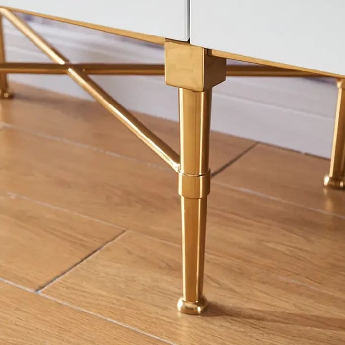 Table TV de luxe avec base et rangement en acier inoxydable doré, couleurs noir et blanc