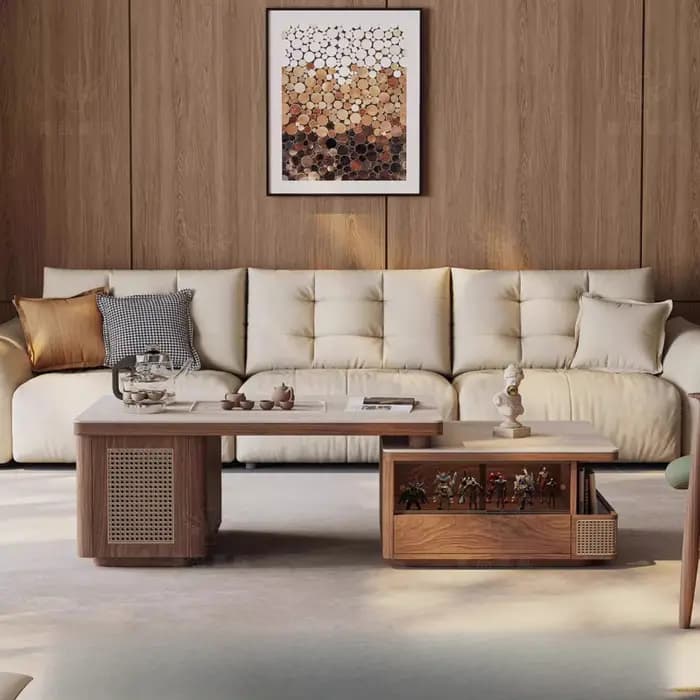 Table basse rectangulaire portable en bois massif avec rangement