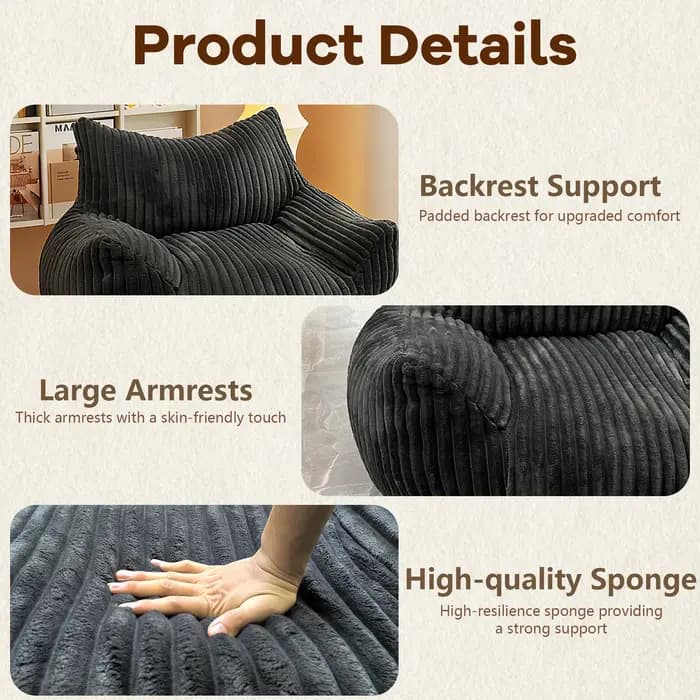 Chaise de lecture Bean Bag pour adultes, meubles de salon, canapé en mousse de densité BeanBag, sol