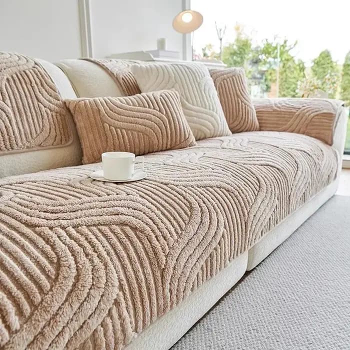 Housse de canapé à rayures ondulées, couleur unie, épaisse, en peluche, pour serviettes, antidérapan