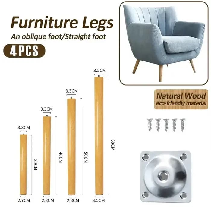 Pieds de meubles en bois massif, 30-60cm, 4 pièces, style oblique/vertical, pour chaise et bureau, avec plaques de montage et vis, coussinet antidérapant
