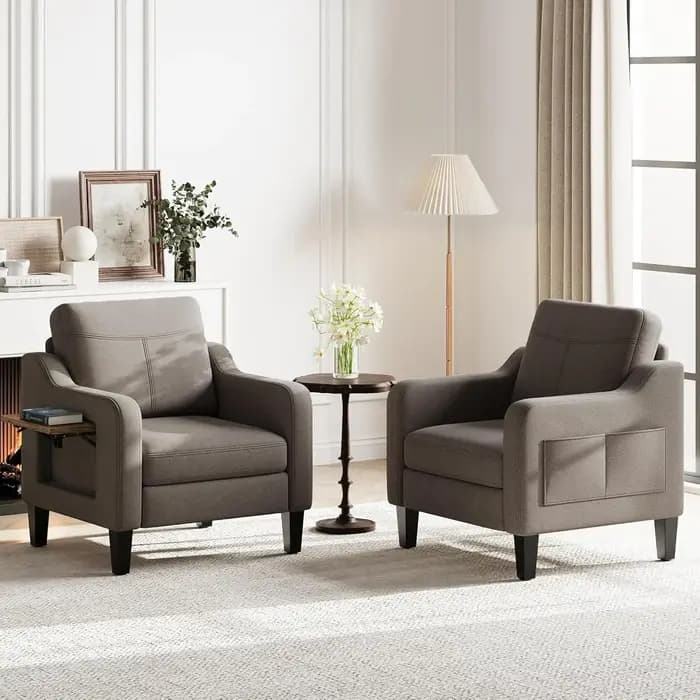 Fauteuil d'appoint pour salon, fauteuil moderne en lin rembourré, canapé en tissu avec table pliable