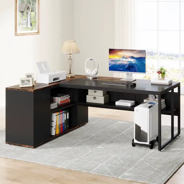 Tribesigns-Bureau de direction avec étagères, bureau en forme de L, rangement pour armoire, 71 po