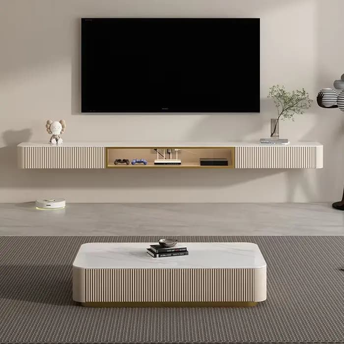 Ensemble de meuble TV flottant de luxe en ardoise, meuble TV minimaliste mural et Table basse, Solut