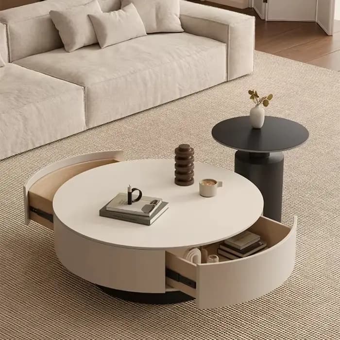 Table basse ronde moderne avec rangement dissimulé