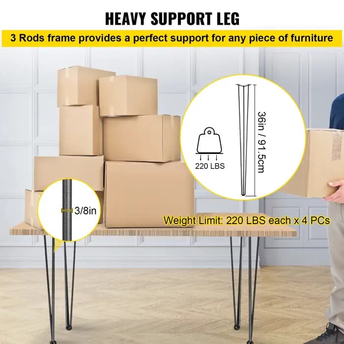 SucceBuy pieds de Table en épingle à cheveux noir, ensemble de 4 pieds de bureau, 3 tiges pour banc,