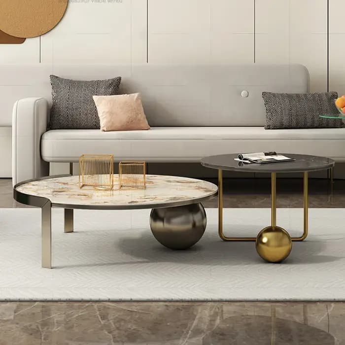 Table basse moderne en acier inoxydable avec pierre ronde