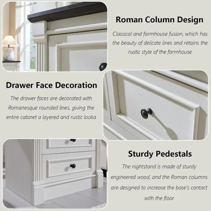 Commode à 2 tiroirs de 26 po de hauteur pour chambre à coucher, grande table de chevet de style farm