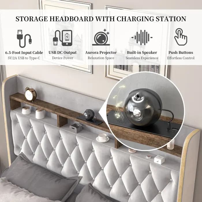 Cadre de lit Queen LED avec rangement, projecteur d'étoiles, station de recharge, tête de lit à 2 ni