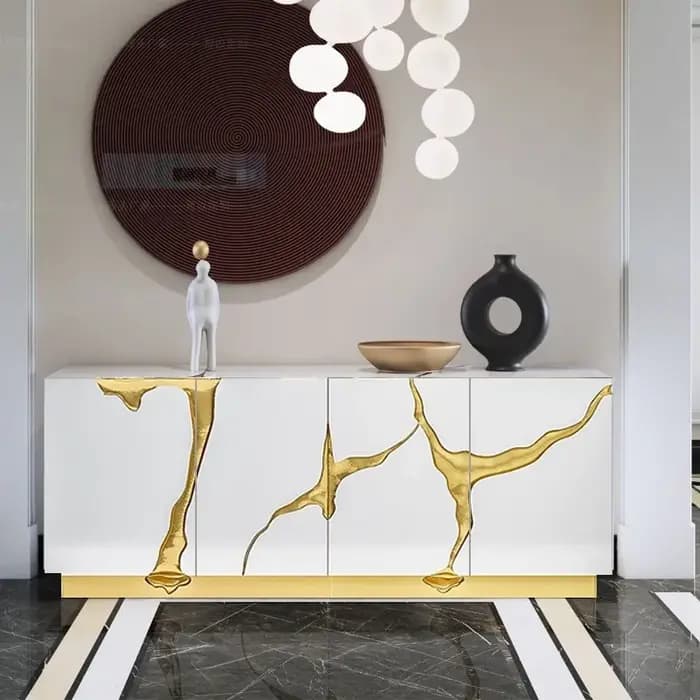Meuble de rangement brillant pour salon ou salle à manger, buffet/stand TV de luxe noir/blanc avec accents dorés