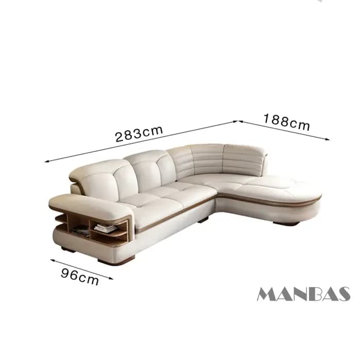 Canapés sectionnels en cuir véritable de luxe MANBAS en forme de L avec USB, haut-parleur Bluetooth
