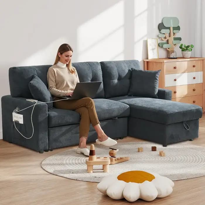 Canapé en forme de L avec rangement, canapé-lit extractible avec ports USB et type-c, canapé-lit con
