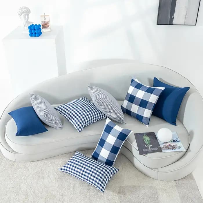 Juste de coussin à glands en coton et lin teint en fil bleu