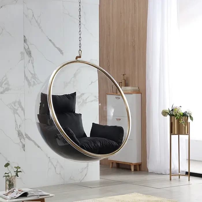 Fauteuil suspendu en forme de bulle, fauteuil œuf, meuble design pour salon, balcon et décoration glamour contemporaine