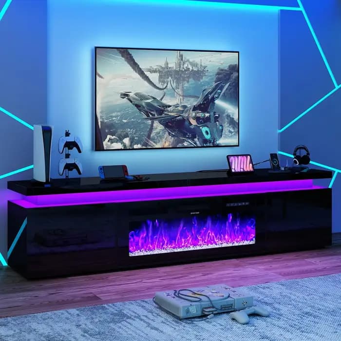 Meuble TV LED 83 pouces avec foyer électrique et prise de courant, surface haute brillance, 2 armoir