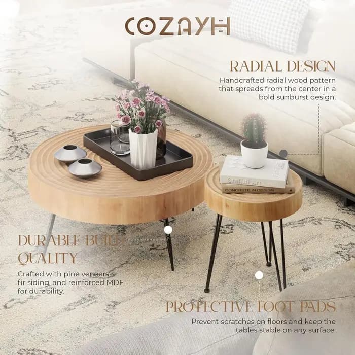 Ensemble de 2 tables basses rondes imbriquées, plateau en bois naturel avec pieds en métal noir, mot