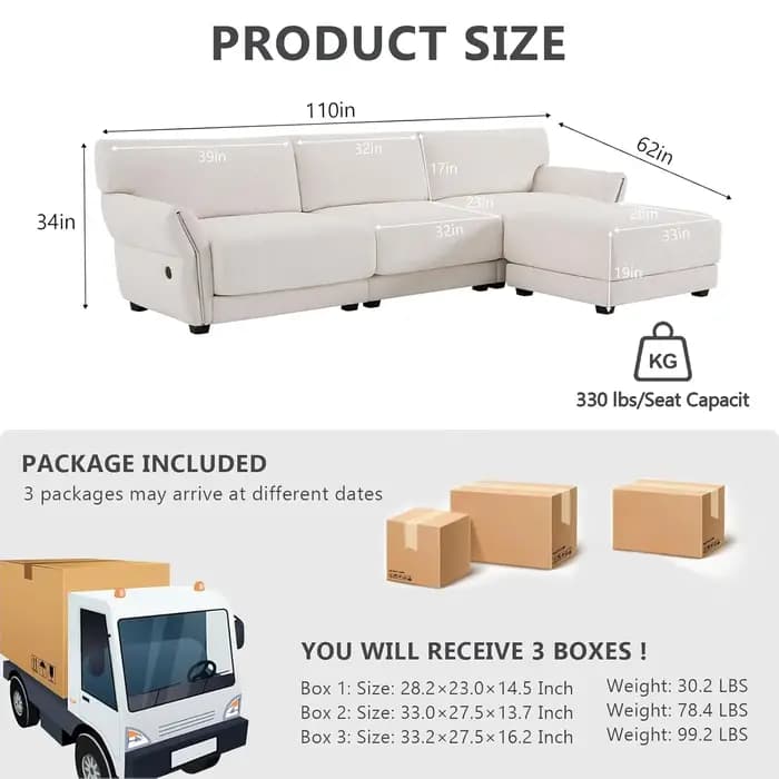 Canapé d'angle en chenille avec USB Type-C, 4 places, ottoman, bureau, personnalisable