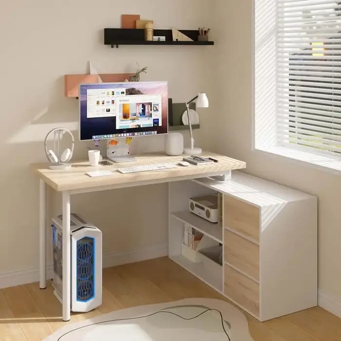 Bureau d'ordinateur en forme de L, bureau à domicile de 47 pouces avec tiroirs et étagères de rangem
