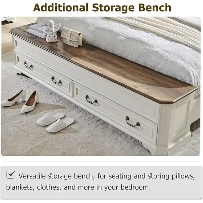 Lit king-size style farmhouse avec tête de lit et banc de rangement, lit plateforme en bois rustique