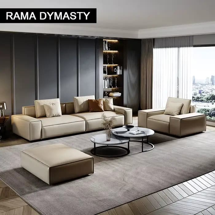 Canapé moderne rembourré en cuir véritable beige à 3 places avec oreillers