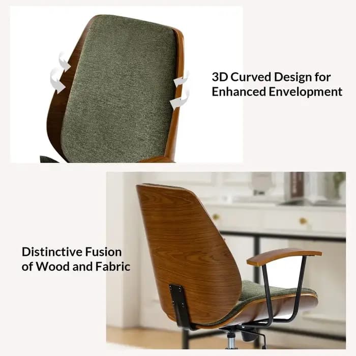 Chaise de bureau ergonomique pivotante avec revêtement en polyester et structure en bois courbé, hau