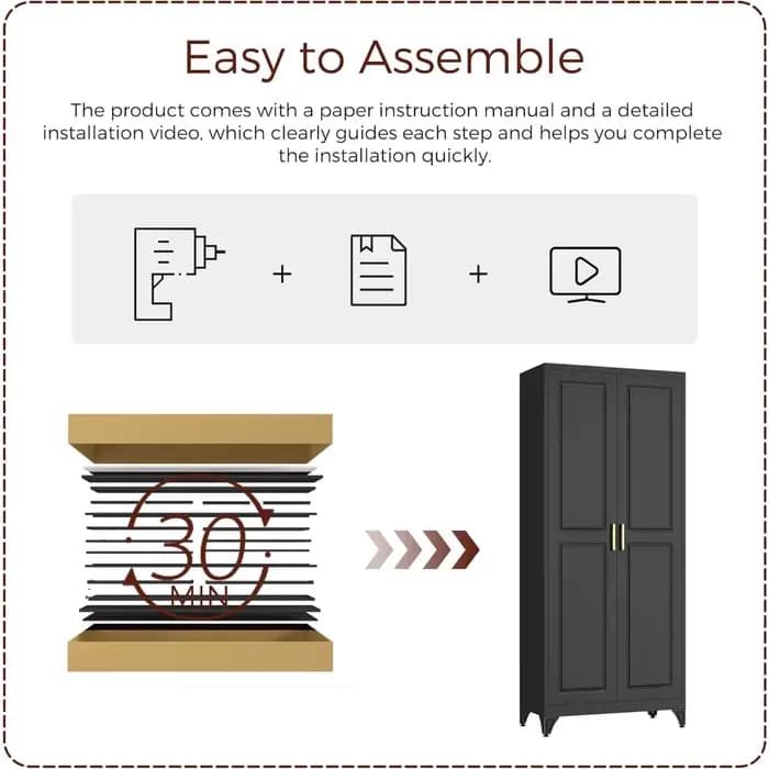Armoire de garde-manger de cuisine de 75 pouces, armoires de rangement en métal noir avec 2 portes e